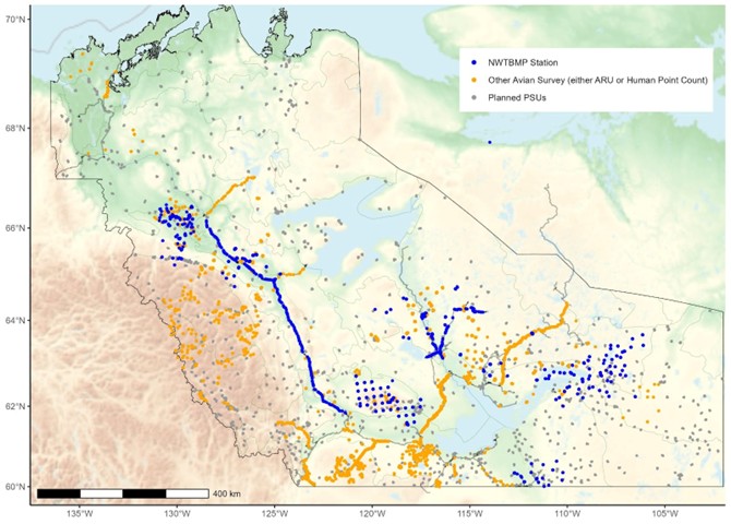 Study sites across NWT where the NWT Biodiversity Monitoring Program has been successfully implemented to date. In grey are targeted sampling locations without data, in blue are sampling locations where the NWTBMP has been implemented. Most of the blue points represent multi-sensor deployments (ex. ARU’s and cameras), and in yellow are other avian survey points (ARU’s-only or in-person point counts) with data.