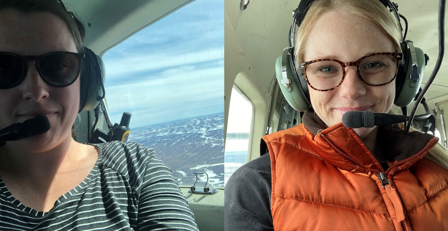 Aimee Guile during the ɂekwǫ̀ surveys, 2021. Photo credit: Aimee Guile, WRRB. Randi Jennings during the Caribou surveys, 2021. Photo credit: Randi Jennings, WRRB. 