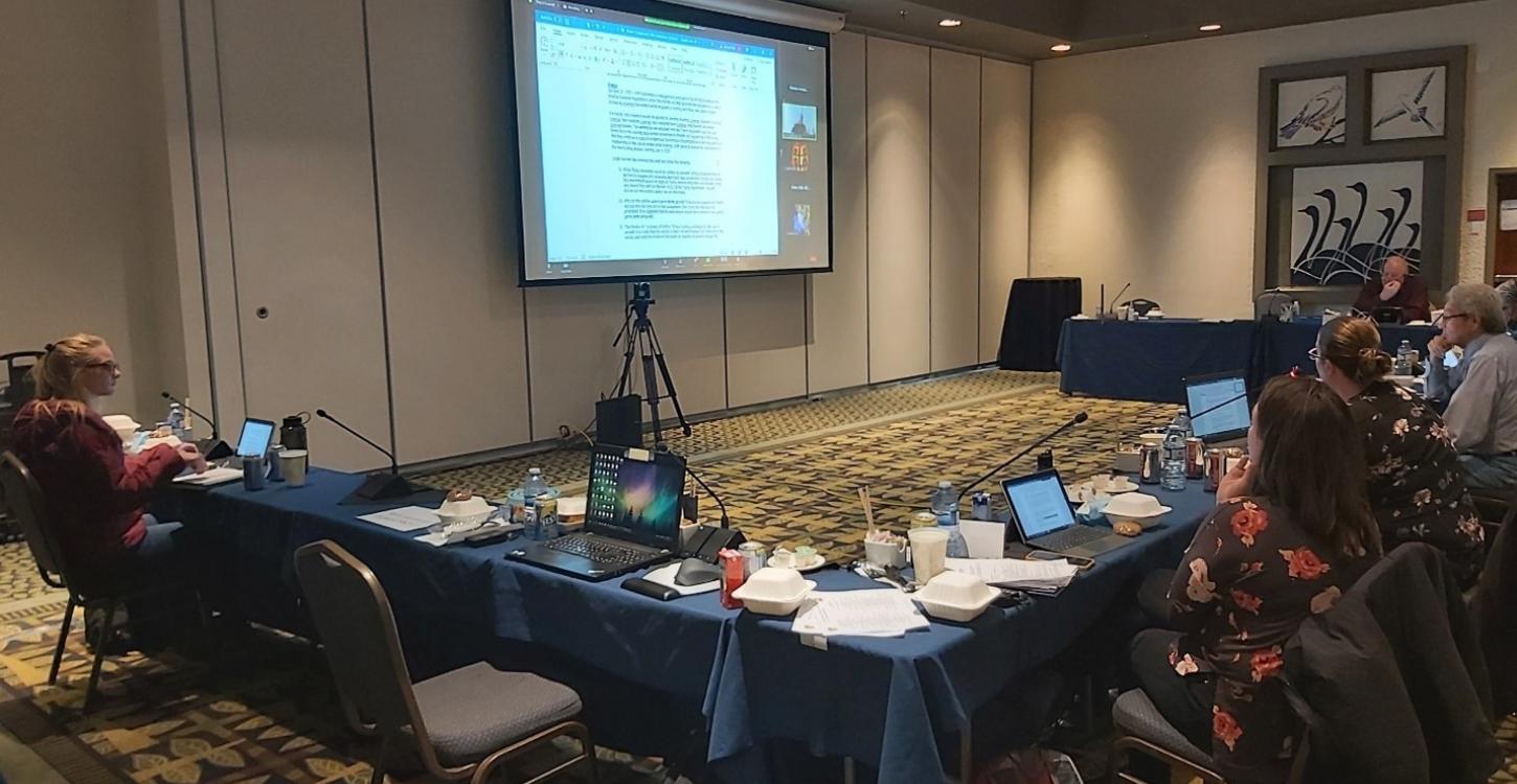 Staff and Board members reviewing an item before the Board. Photo credit: Shalyn Norrish, WRRB. 