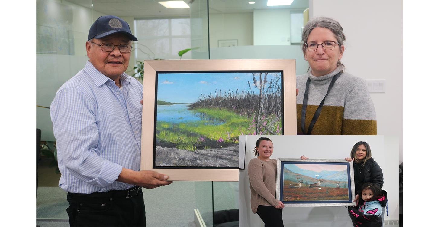 Past WRRB member Charlie Jeremick'ca accepts a landscape painting from WRRB acting Chair Suzanne Carrière during the December 2022 Board meeting. In the inset photo, WRRB Conservation Biologist Aimee Guile presents a painting to the late Eddie Erasmus' family members Edie Erasmus and Anna Smith.  Photos by Simon Whitehouse/WRRB