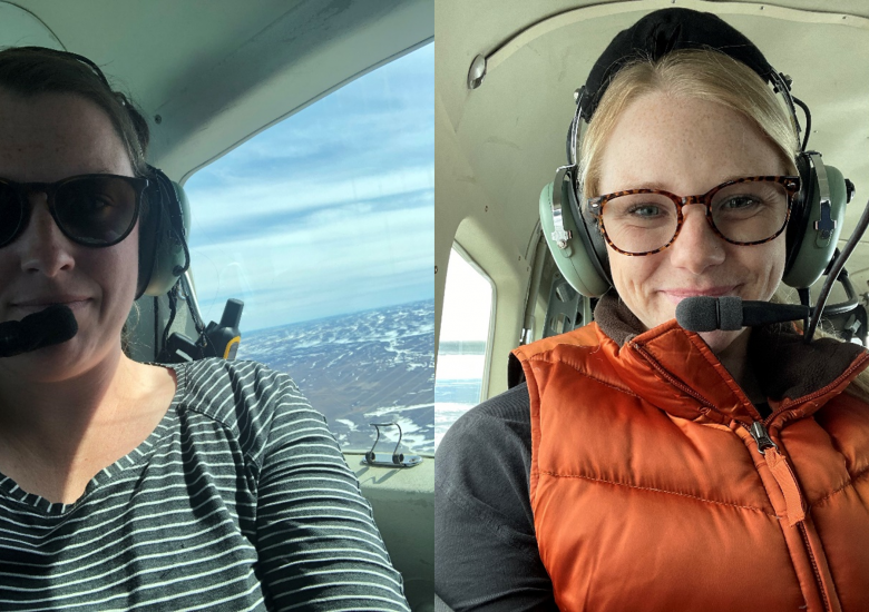 Aimee Guile during the ɂekwǫ̀ surveys, 2021. Photo credit: Aimee Guile, WRRB. Randi Jennings during the Caribou surveys, 2021. Photo credit: Randi Jennings, WRRB. 