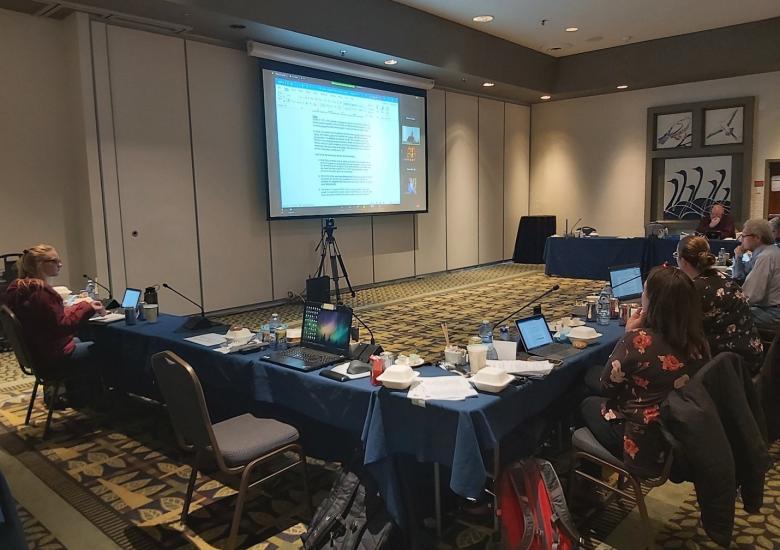 Staff and Board members reviewing an item before the Board. Photo credit: Shalyn Norrish, WRRB. 