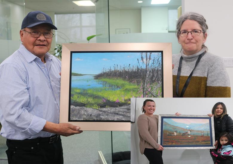 Past WRRB member Charlie Jeremick'ca accepts a landscape painting from WRRB acting Chair Suzanne Carrière during the December 2022 Board meeting. In the inset photo, WRRB Conservation Biologist Aimee Guile presents a painting to the late Eddie Erasmus' family members Edie Erasmus and Anna Smith.  Photos by Simon Whitehouse/WRRB