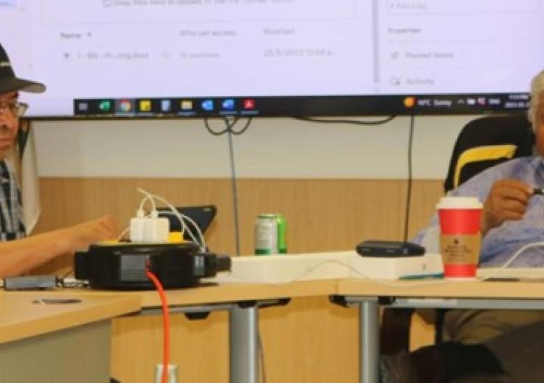 WRRB member Eddie Chocolate, left, and and Chair Joseph Judas take part in May’s Board meeting in Behchokǫ̀. Chair Judas’ term will be extended for another five years. Simon Whitehouse/WRRB photo